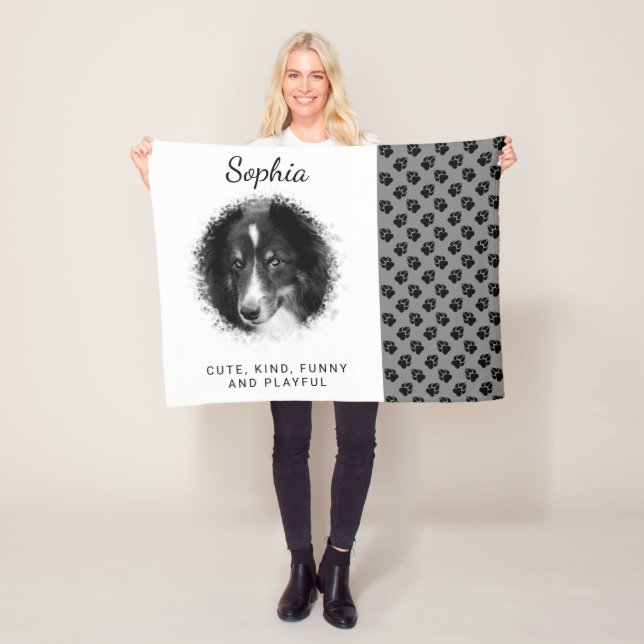 Black Custom Pet Photo Template & Paws And Text Fleece Blanket (In Situ)