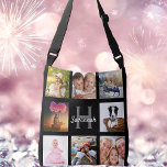 Black custom photo collage monogram name crossbody bag<br><div class="desc">A unique gift for a birthday, Christmas, mother's day, celebrating her life with a collage of 8 of your own photos, pictures. Personalize and add her name and monogram letter. A stylish black background. The name is written with a modern hand lettered style script. Can also be used great treat...</div>