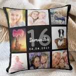 Black custom photo collage Sweet 16 Throw Pillow<br><div class="desc">A unique gift for a girl's Sweet 16, 16th birthday, celebrating her life with a collage of 8 of your own photos, pictures. Personalize and add her name, age 16 and a date. A chic black background. Gray and white letters and numbers. The name is written with a modern hand...</div>