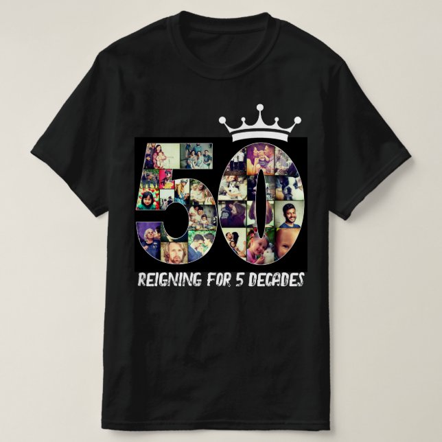 Black custom photo number collage 50 text crown  T-Shirt (Design Front)