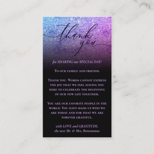 Black Custom Photo Pink Purple Glitz Thank You Enclosure Card