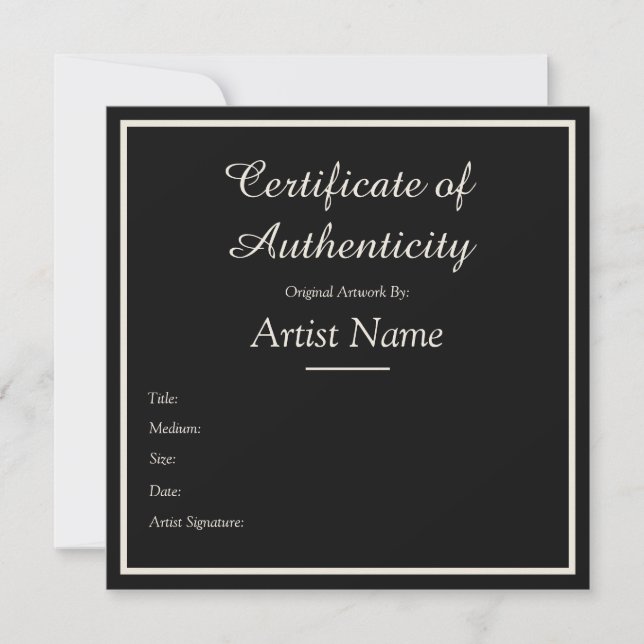 Black Customizable Certificate of Authenticity Note Card (Front)