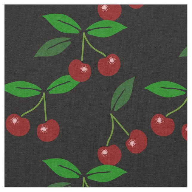 Black Customizable Classic Cherry Fruit and Leaf Fabric (Close Up)