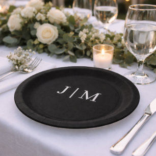Black Customizable Monogram Wedding Paper Plates