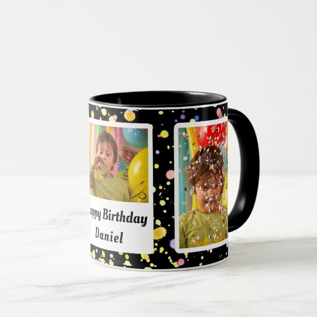 Black Customizable Photo Frames Birthday Confetti Mug (Front Right)