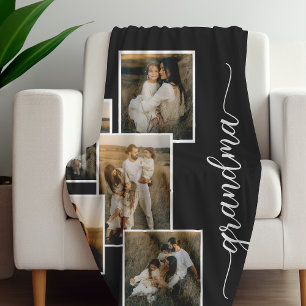 Black Customized Grandma Grandkid 5 Photo Collage  Fleece Blanket