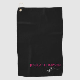 Black Customized Hot Pink Modern Monogram Name Golf Towel