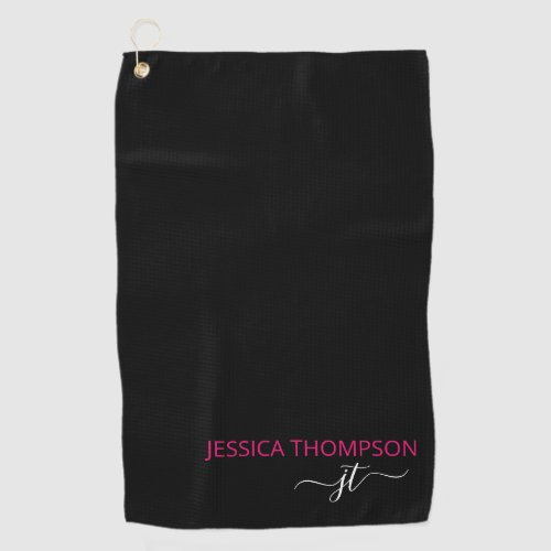 Black Customized Hot Pink Modern Monogram Name Golf Towel
