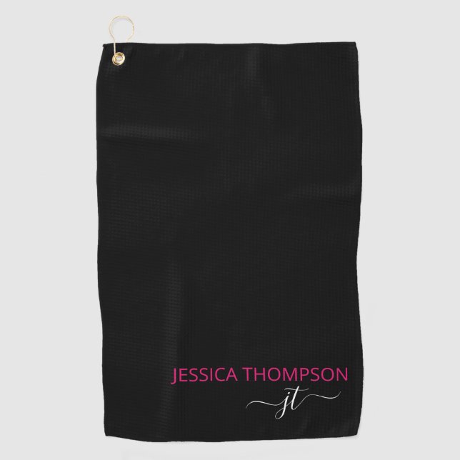 Black Customized Hot Pink Modern Monogram Name Golf Towel (Front)