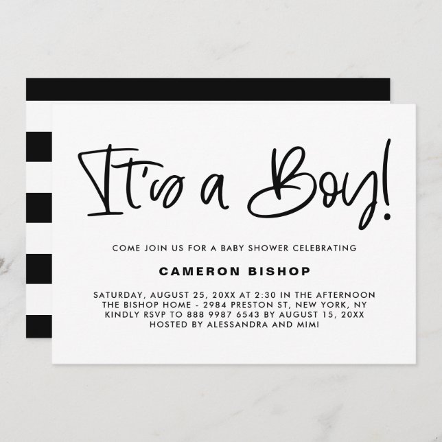 Black Cute Calligraphy It's a Boy Baby Shower Invitation (Front/Back)