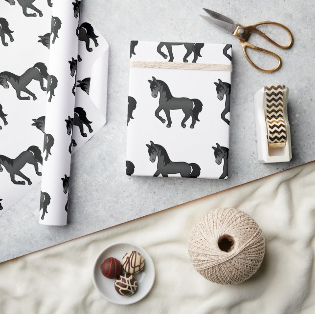 Black Cute Cartoon Trotting Horse Pattern Wrapping Paper (Crafts)