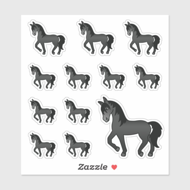 Black Cute Cartoon Trotting Horses Sticker (Sheet)