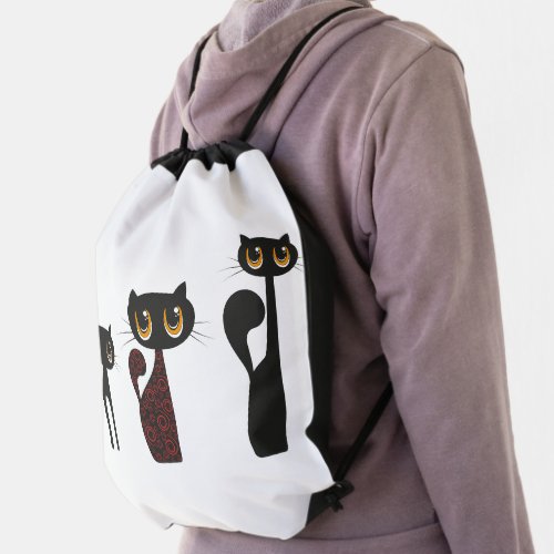Black Cute Cat Drawstring Bag