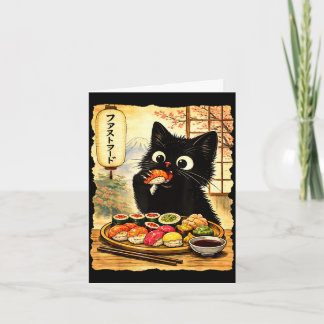 Black cute cat eating sushi kawaii japanese food card