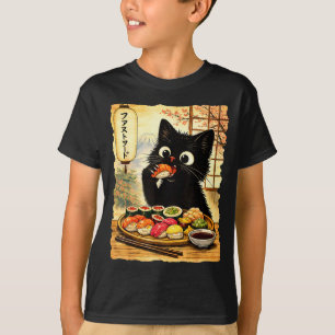 Black cute cat eating sushi kawaii japanese food T-Shirt