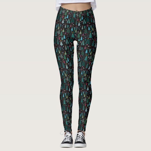 Black  Cute Christmas Tree Print Leggings (Front)