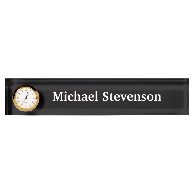 Black Cute Customize Text Nameplate with Clock (Front)