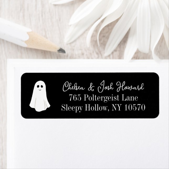 Black Cute Friendly Ghost Halloween Return Address Label (Insitu)