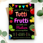 Black Cute Fruits Tutti Frutti Kids Birthday Party Invitation<br><div class="desc">Amaze your guests with this colorful kids birthday party invite featuring assorted fruits and vibrant typography against a black background. Simply add your event details on this easy-to-use template to make it a one-of-a-kind invitation. Flip the card over to reveal a colorful stripes pattern on the back of the card....</div>