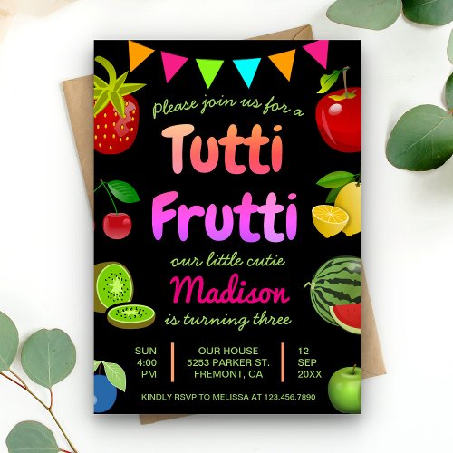 Black Cute Fruits Tutti Frutti Kids Birthday Party Invitation