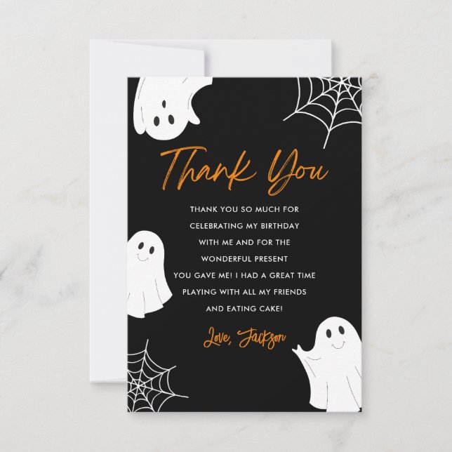 Black Cute Ghost Spooky Birthday Thank You Card (Front)