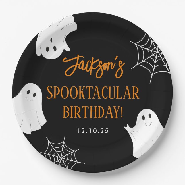 Black Cute Ghost Spooky Halloween Birthday Paper Plates (Front)