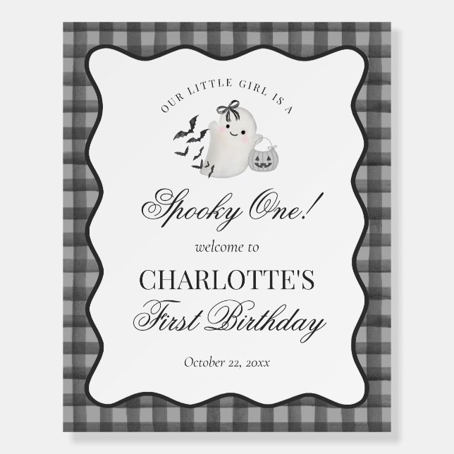 Black Cute Ghost Spooky One 1st Birthday Welcome Foam Board (Front)