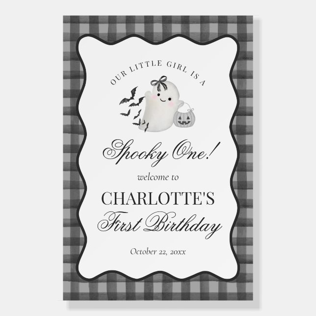 Black Cute Ghost Spooky One 1st Birthday Welcome Foam Board (Front)
