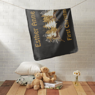 Black Cute Gold Trees Deer Baby First Christmas Blanket
