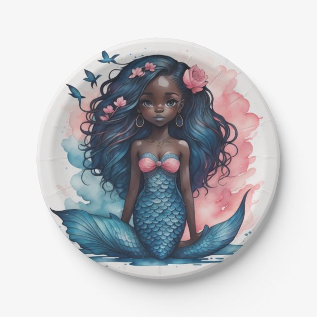 black cute mermaid paper plates (Front)