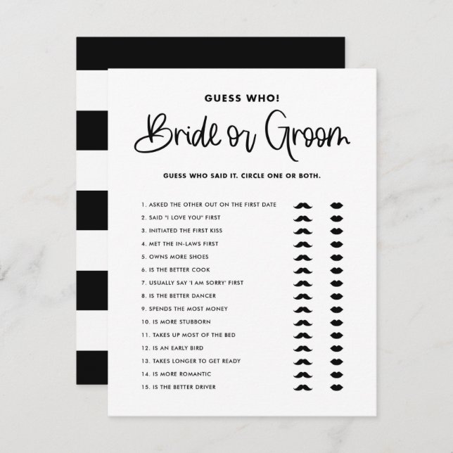 Black Cute Modern Calligraphy Bride or Groom Game Invitation (Front/Back)