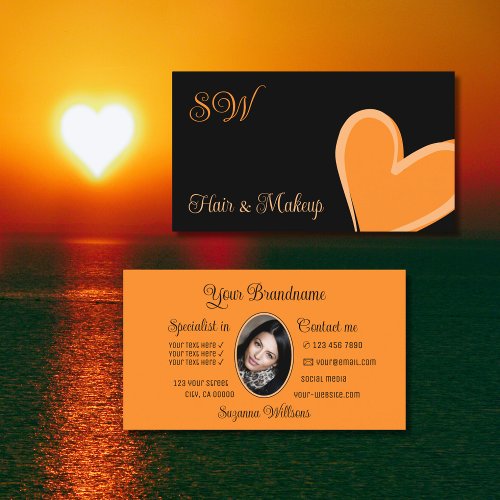 Black Cute Orange Heart with Monogram and Photo Business Card