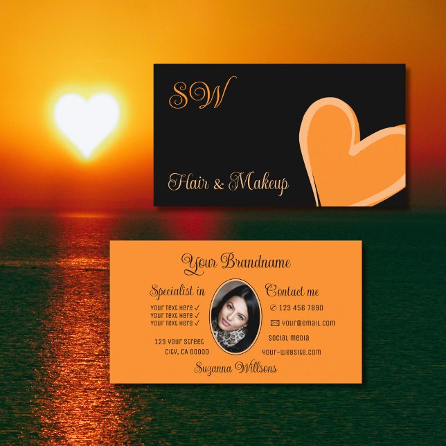 Black Cute Orange Heart with Monogram and Photo Business Card (Creator Uploaded)