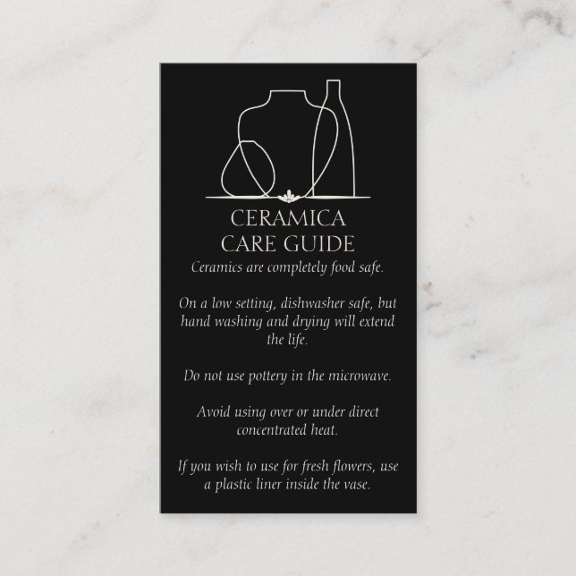 Black Cute Pottery Vase Ceramic Care Instructions Business Card (Front)