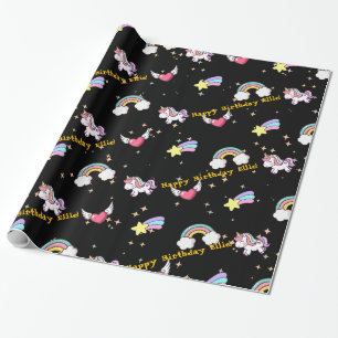 Black Cute Rainbow Unicorn Star Magical Wrapping Paper
