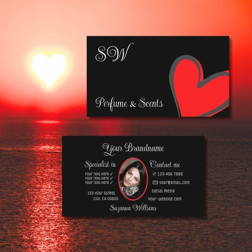 Black Cute Red Heart Chic with Monogram and Photo Business Card