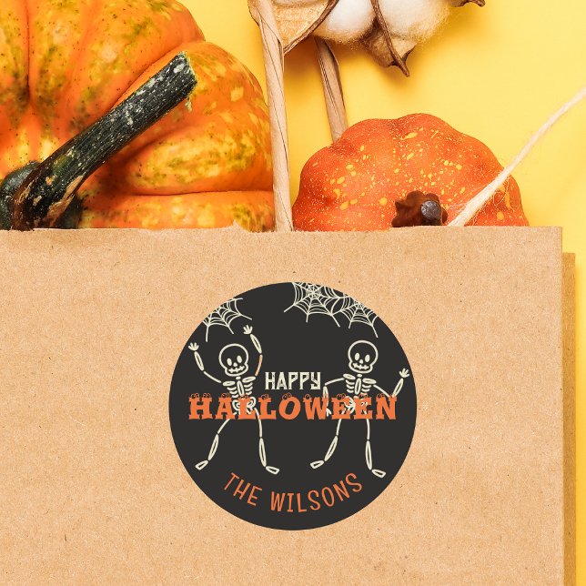 Black Cute Skeleton Halloween Classic Round Sticker (Make Halloween memorable with these adorable skeleton stickers for kids' party favors and crafts!)