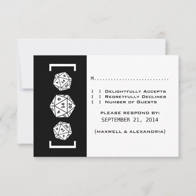 Black D20 Dice Gamer Wedding Response Card (Front)