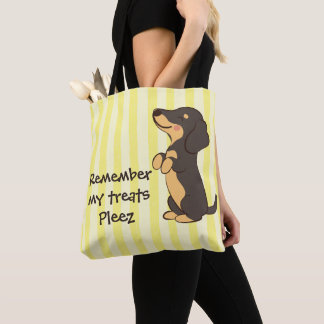 Black Dachshund Begging for Treats Yellow Stipes Tote Bag