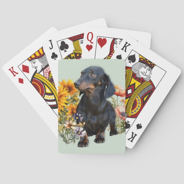 Black Dachshund Dog in Wildflowers Poker Cards (Back)