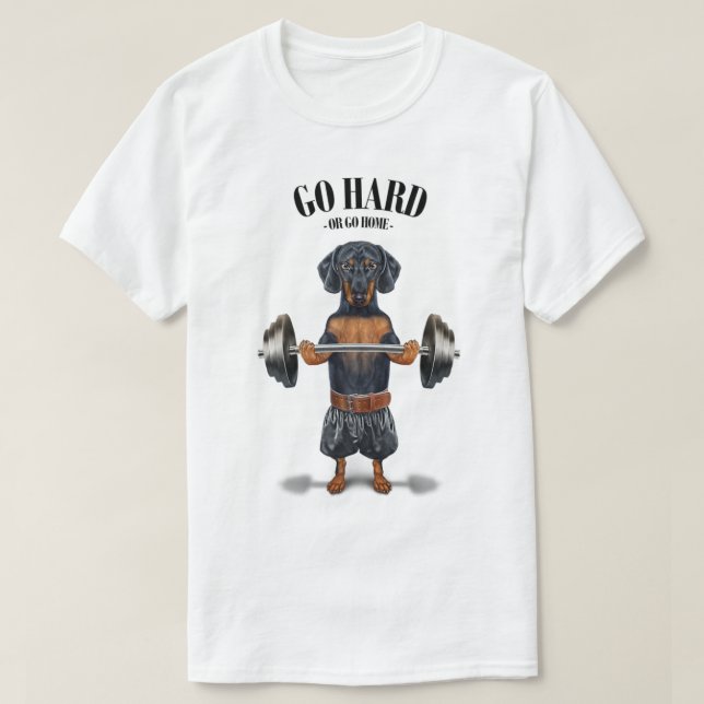 Black Dachshund Dog Muscle Training Weightface T-Shirt (Design Front)