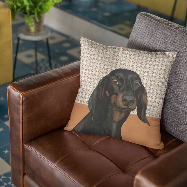 Black Dachshund Dog Portrait  Throw Pillow (Creator Uploaded)