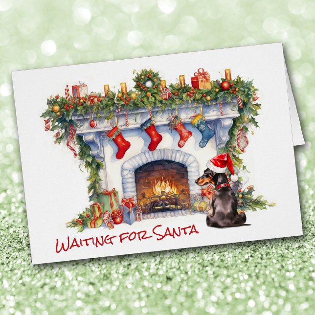 Black Dachshund Dog Wait for Santa Fireplace Cards (Creator Uploaded)