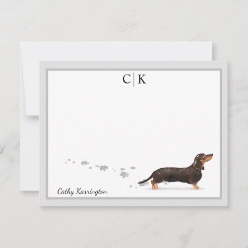 Black Dachshund Gray Border Monogram Your Name Note Card