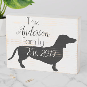 Black Dachshund Silhouette Family Name Wooden Box Sign