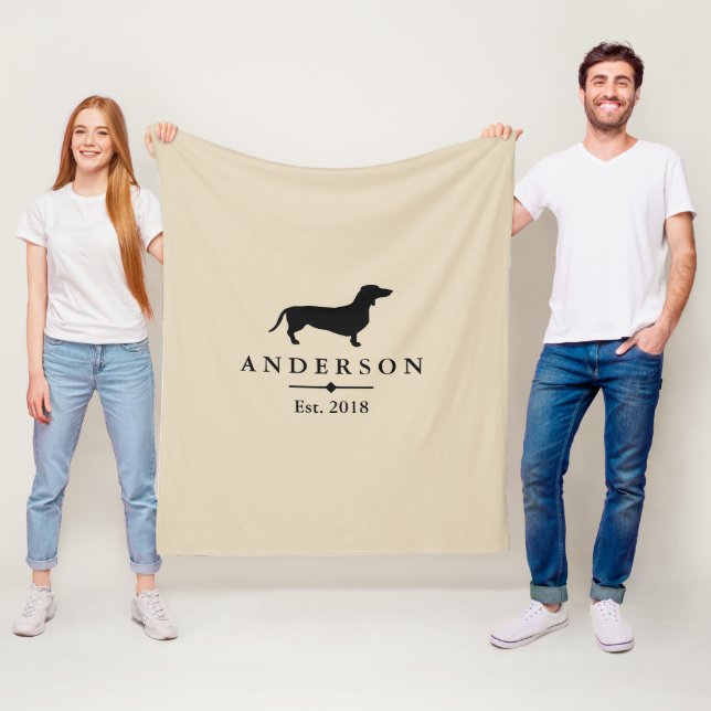 Black Dachshund Silhouette & Taupe | Personalized Fleece Blanket (In Situ)
