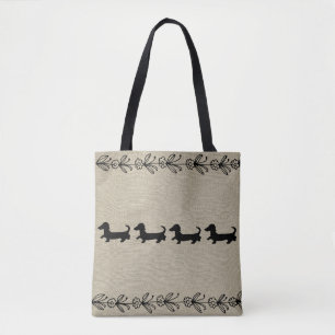 Black Dachshund Silhouette Vintage Floral Tote
