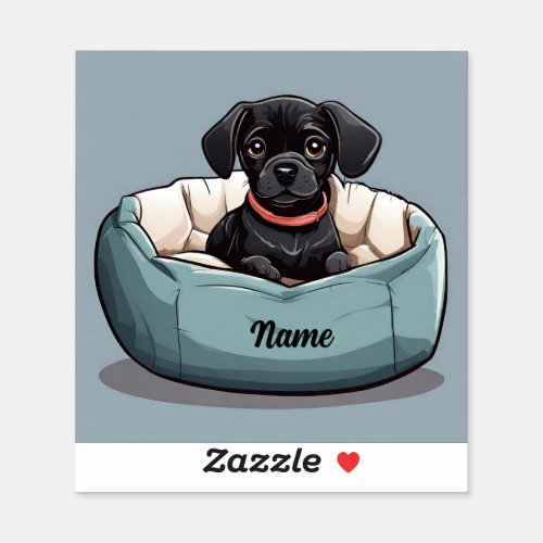 Black Dachshund Sitting in Dog Bed Customize Name Sticker
