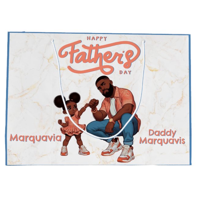 Black Dad and Daughter Fist Bump Orange & Blue Large Gift Bag (Back)