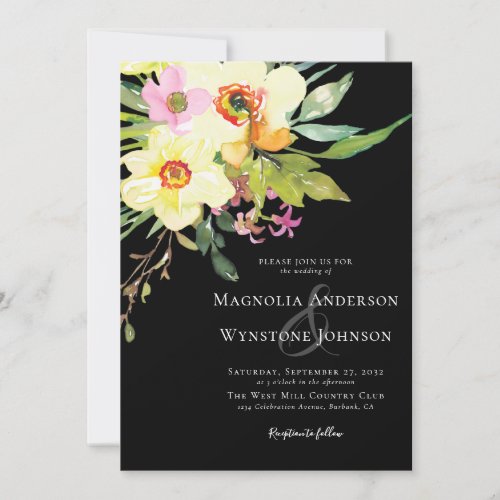 Black Daffodil Bouquet Watercolor Floral Wedding Invitation